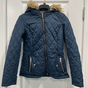Navy Quilted Puffer Jacket with Faux Fur Hood